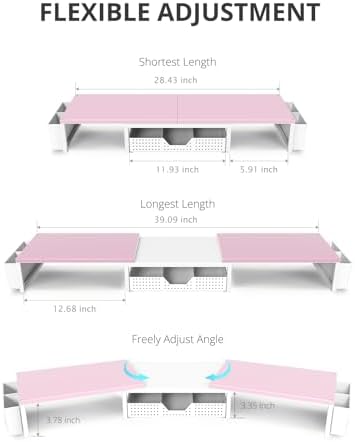 OPNICE Desk Organizers and Accessories, Dual Monitor Stand Riser with Drawer and 2 Pen Holders, Desk Shelf Printer Stand for Office Workspace Organizers, Desktop Organization (Pink-White)