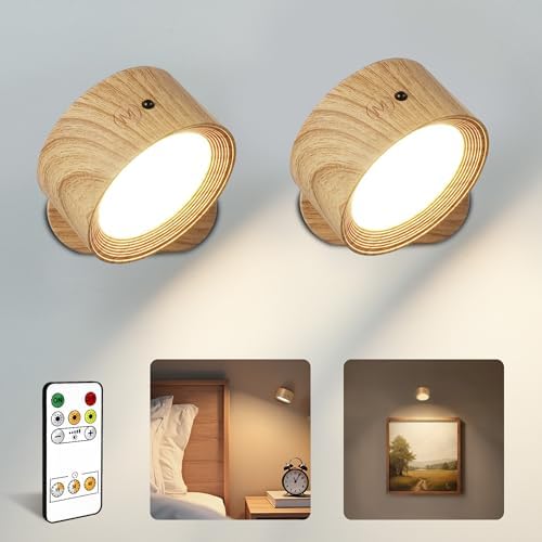 Wall Lights, Rechargeable Magnetic Wall Sconce with Remote, Wood Grain-2Pcs
