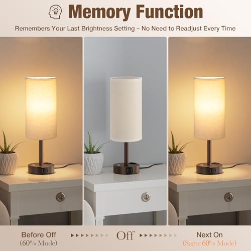 Brown Touch Bedside Lamp for Bedroom, Stepless Dimmable, USB A+C, AC Outlet