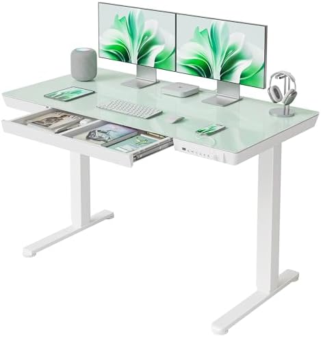 FEZIBO 48 Inch One-Piece Standing Desk with Glass Top and Drawer, White