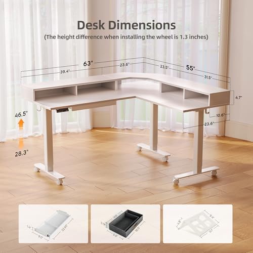 Claiks Dual Motor L Shaped Standing Desk with Drawers, 63inch, White