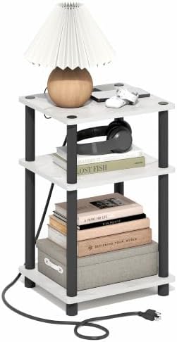 Furinno Just 3-Tier Night Stand with Charging Station, Light Marble