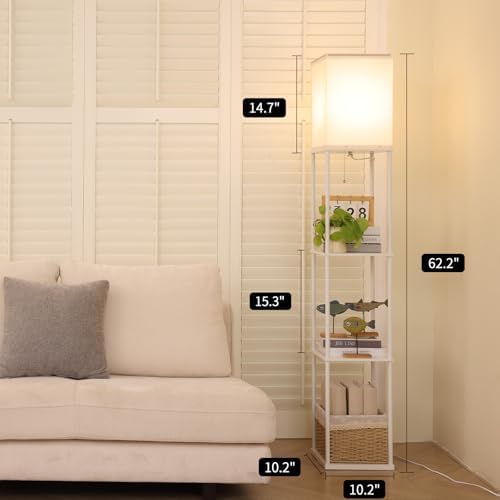 Gupuzm Floor Lamp with Shelves, Modern Square Standing Lamp with 3 Color Temperature Bulb, Corner Display Bookshelf Lamp for Living Room, Bedroom and Office（White）