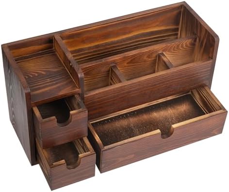 Rustic Brown Wooden Desktop Organizer Drawers Removable Office Supplies Torched Wood Storage Cabinet Caddy Box Stationery Pencil Slots Mail Holder Notes Accessories Home Makeup Tools Cosmetics