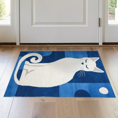 2'x3' Blue White Cat Sapphire Design Washable Accent Rug