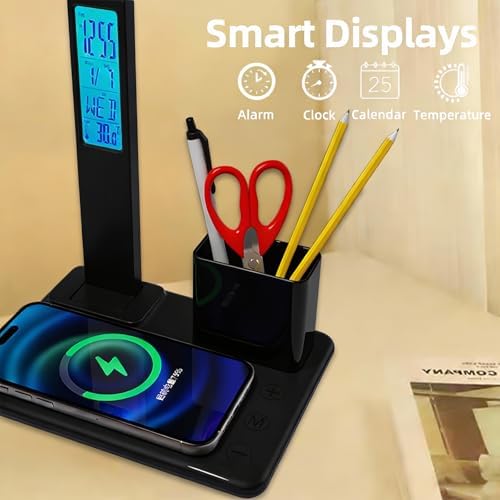 IHAO 7in1 Smart Desk Lamp with Wireless Charger & Digital Clock | 15W Fast Charging for Phone & Earbuds, Time/Date/Temp Display, Alarm, 3 Light Modes, USB Port, Detachable Pen Brush Pot-HYT1771 Black