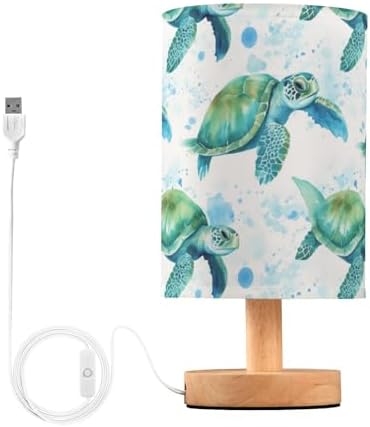 Bedside Lamp Sea Turtles Teal Table Lamp for Bedroom LED Nightstand Lamp Shade USB Ports Wood Base for Living Room Dorm Office