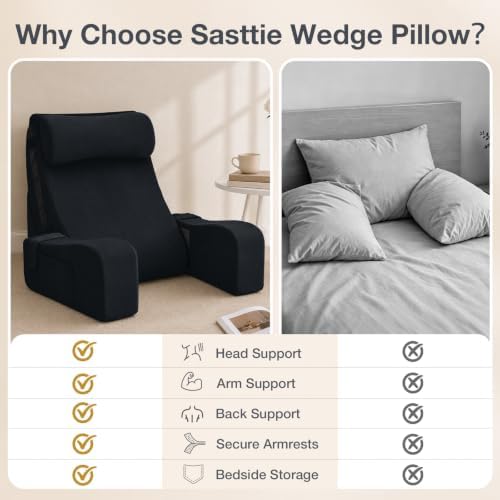 Sasttie 15-25 inch Adjustable Reading Pillow with Armrests, Black