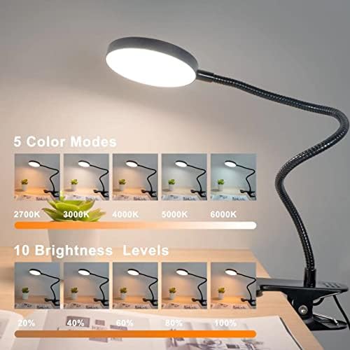 LiFMIRA Clip on Lamp, 8W 66 LED Bed Light for Reading, 5 Color Modes, 10 Brightness Levels, Eye Care, Flexible Gooseneck, Metal Clamp, USB Powered, Modern Design, Black