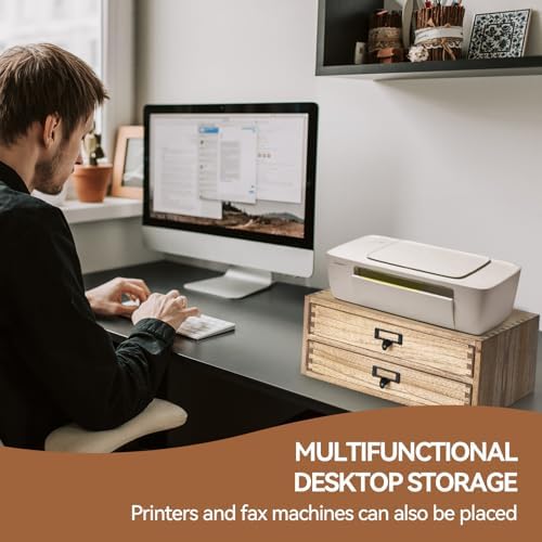 KIRIGEN Solid Wood Desk Organizer with 2 Drawers, Desktop Storage, Brown