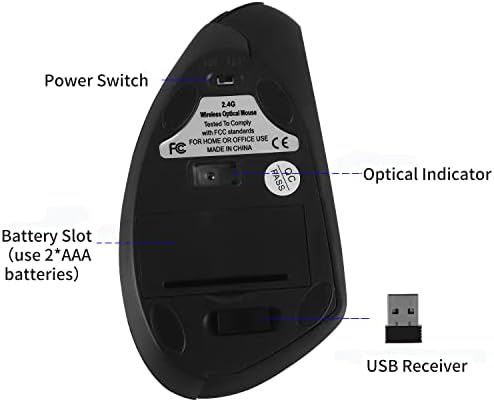 Wireless Vertical Mouse Black Wireless Ergonomic Vertical Mouse High Precision Ergo Optical 2.4G Cordless Lightweight Gaming Mice with 3 Adjustable DPI800/1200/1600 for PC/Laptop/Desktop/Mac 6 Buttons