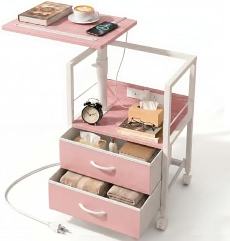 Faesun Night Stand with Charging Station & Swivel Top, Pink