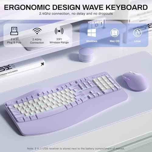 Wireless Keyboard and Mouse Combo,2.4G Ergonomic Wave Keys(Purple-B)
