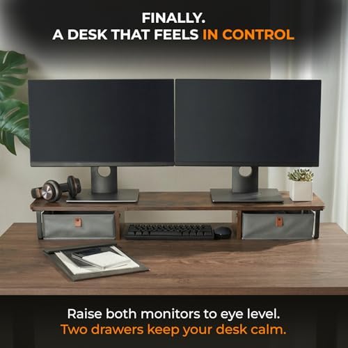 DuoStand Plus - 39” Dual Monitor Riser for Desk with 2 Drawers - Wood & Steel Double Monitor Stand with Storage - Desk Organizer Shelf for Desktop Computer, Laptop, TV & Printer (Rustic Wood)
