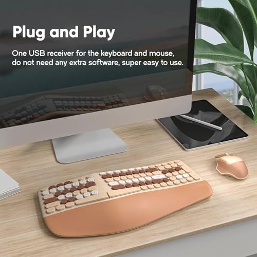 Wireless Ergonomic Keyboard and Mouse Combo with PU Wrist Rest, Carpal Tunnel Keyboard, 2.4G Colorful Split Ergo Keyboard, Comfortable Natural Typing, Compatible with PC/Laptop (Milk Tea)