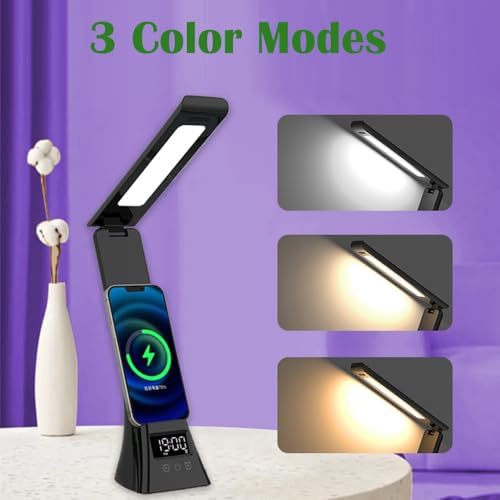 IHAO 3in1 Foldable Eye-Care Desk Lamp with 15W Wireless Charger & Digital Clock Touch Control, 3 Color Temperatures, Alarm, 180° Foldable, Phone Stand, Modern LED Table Lamp TYV-2088 Black