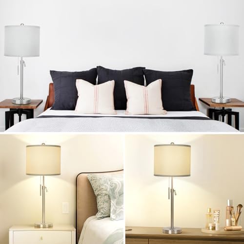 Qingmiao Table Lamps for Bedrooms Set of 2, 22" to 30" Height Adjustable Nightstand Lamps with Linen Shade, Pull Chain Switch Lamps for Living Room, 3 Way Dimmable Bedside Lamp
