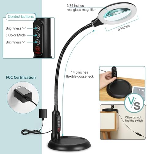 12X Magnifying Glass with Light and Clamp, 5 Color Modes Stepless Dimmable Lighted Magnifier with Stand, Flexible Gooseneck LED Desk Lamp Hands Free for Craft Reading Painting Hobby Close Work
