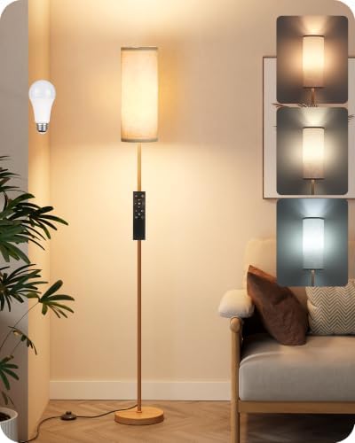 Wooden Textured Tall Slim Floor Lamp for Living Room with Remote and Foot Switch, Dimmable Mood Lamp for Bedroom Nursery, 3 Color Temperatures, 1-Hour Timer, 900LM LED Bulb Included, White XW06LD05W1