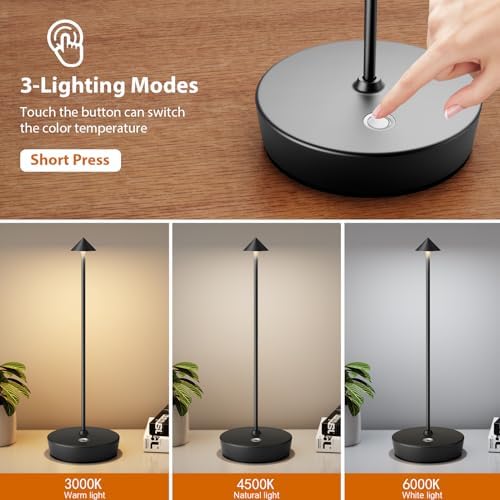 2Pack Rechargeable Cordless Table Lamp, Portable Powered LED Battery 6000mAh Metal USB Desk Lamp, 3 Levels Brightness Light for Restaurants Outdoor (2pack Black)
