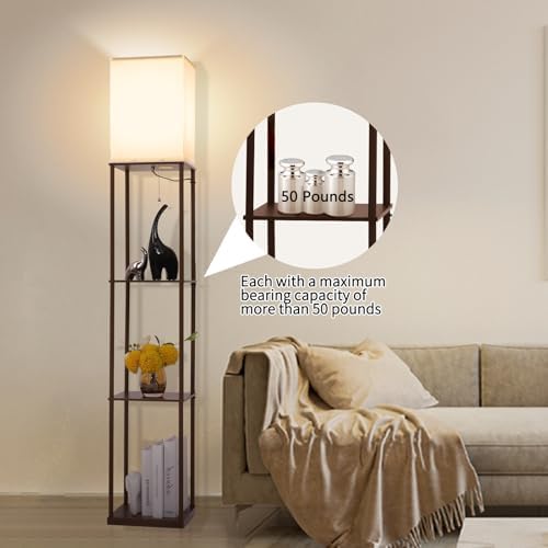 Gupuzm Floor Lamp with Shelves, Modern Square Standing Lamp with 3 Color Temperature Bulb, Corner Display Bookshelf Lamp for Living Room, Bedroom and Office(Brown-2 Pack)