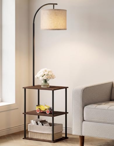 PARTPHONER Floor Lamp with Table, Night Stand with Lamp, Narrow Side Table with 3CCT LED Bulb, Small Coffee Table, Modern End Table with Storage Shelves for Living Room Bedroom, Walnut Brown