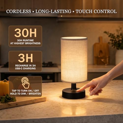 Kakanuo Cordless Table Lamp Rechargeable Small - 1 Pack Linen Black, 4000mAh Battery Operated Lamp with Touch Control Stepless Dimming, Wireless Lamp for Bedside, Nightstand, Bedroom, Living Room