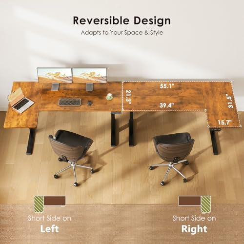 OffiGo 55 Inch Reversible L Shaped Electric Standing Desk, Rustic Brown