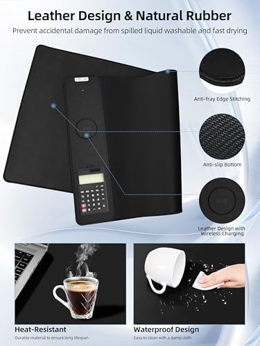 Mouse Pad 31.5x15.75 Inch with Calculator, 15W Magnetic Wireless Charging Desk Mat, XXL Desk Pad, Home Office Large Keyboard Pad with Ultra-Smooth Surface, Non-Slip Base (Black)