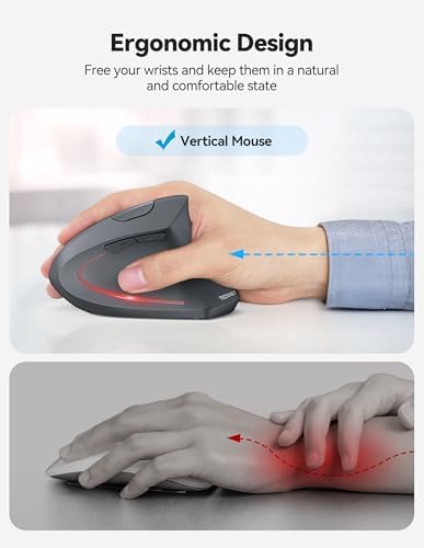 TECKNET Ergonomic Mouse, Rechargeable 2.4G+Bluetooth Vertical Mice 6 DPI Adjustable, Wireless Optical Carpal Tunnel Mouse Right Hand, Multi Device for Laptop, PC, Computer, MacBook, iPad - Grey
