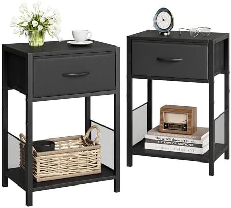 YAUKOMEL Nightstand Set of 2 with Fabric Drawer, Black Bedside Table