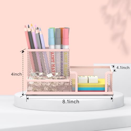 SUPEASY Mesh Pen Holder Desk Organizer, Office Supplies Pencil Storage with 3 Compartments, Office Desk Accessories and Workspace Organizers for Home School Classroom, Pink