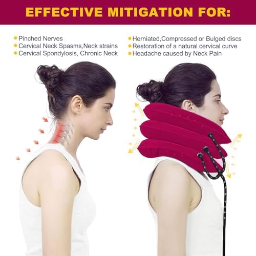 Neck Stretcher, Cervical Traction Device, Neck Traction Device, Cervical Neck Traction Device for Neck Pain Relief, Adjustable Inflatable Neck Brace, Neck Decompression Home Use (Red)