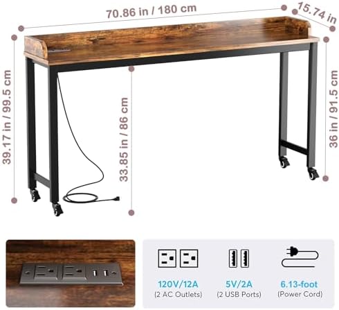 Ytaoka 70.8" Standing Desk with Charging Station, Extra Long Desk on Wheels for Standing and Sitting, Sofa Table Behind Couch with Power Outlets and USB Ports, Easy Assembly, Walnut