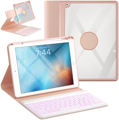 Keyboard Case for iPad 9.7 6th 2018/5th gen 2017/ Air 2-7 Color Backlit Detachable Wireless Keyboard - 360° Rotatable Magnetic Detachable Slim Folio Cover with Pencil Holder (Pink)
