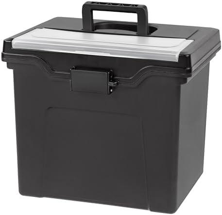 IRIS USA File Box Organizer with Lid, Letter File, Portable Handle, Black