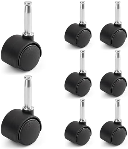 BBTO 8 Pcs 1.5 Inch M8 Swivel Stem Casters Wheels Replacement, M8 Grip Neck Stem Caster, Heavy Duty 360° Standing Desk Wheels, No Noise, Black Nylon, for Cart Furniture Table Cabinet Shelf