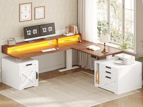 SEDETA Farmhouse L Shaped Standing Desk, 70.1" x 73.2" Height Adjustable Home Office Executive Desk with Drawers, Power Outlet, Monitor Stand, Sit Stand Table with Led Lights for Home Office, White