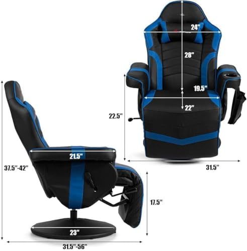 GYMAX Gaming Chair with Footrest, Massage Video Game Chairs for Adults with Remote, Adjustable Backrest, Headrest, Cup Holder & Side Pocket, Ergonomic High Back Office Computer Chair (Navy)