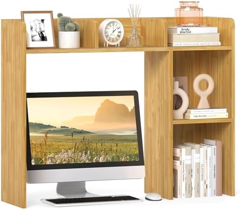 GIANTEX Desktop Bookshelf, Wood Desk Hutch Organizer for 27 Inch Computer Monitor, Countertop Storage Display Rack with 5 Shelves, Multipurpose Desktop Shelf Bookcase for Dorm Office Home (Burlywood)