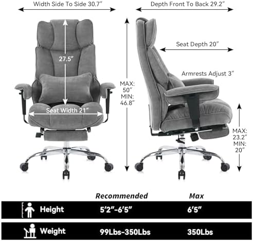 Efomao Big and Tall Fabric Executive Office Chair,Grey