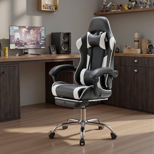 NEWBULIG Gaming Chair with Footrest – Ergonomic High-Back with Lumbar & Headrest Support, Comfy PU Leather Recliner with Linkage Armrests, Adjustable Height, 360° Swivel, White