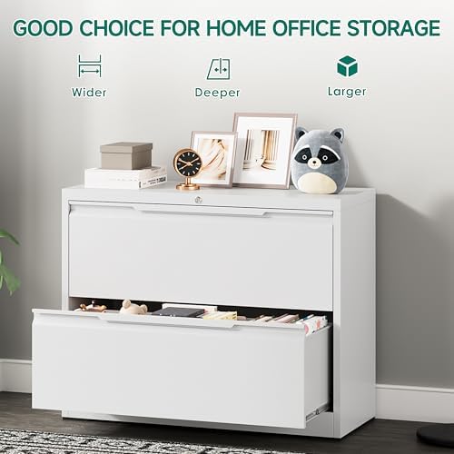 2 Drawer File Cabinet with Lock,Lateral File Cabinet,35.4" W Metal File Cabinets for Home Office,Hanging Files Letter/Legal/F4/A4 Size (White - Assembly Required)