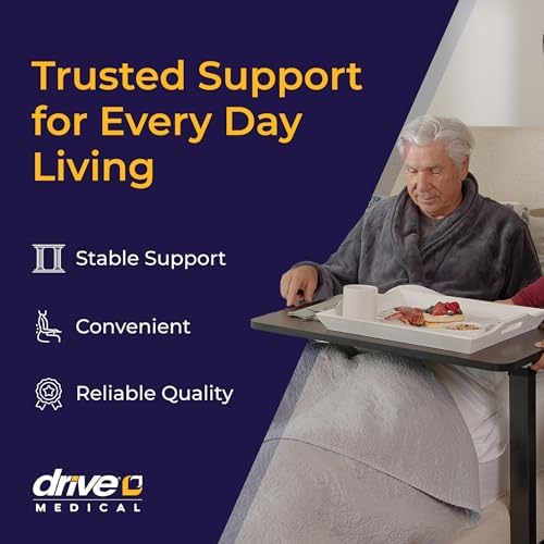 Drive Medical Overbed Table with Wheels, Woodgrain Top, Silver Vein