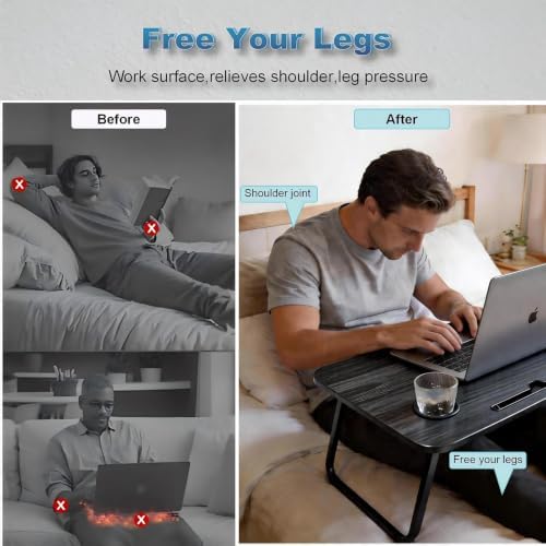 27.6" Home Office Folding Lap Desk with Drawer, Tablet Slot, Cup Holder - Fits up to 18 Inch Laptops, Bed Desk for Reading, Writing, Eating, Portable Laptop Table for Sofa, Coach, Floor (Black)
