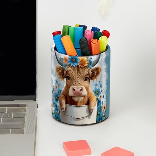 Highland Cow Floral Rustic Pen Holder Pencil Organizer Cute Pencil Cup Desk Decor Makeup Brush Holder PU Multifunctional Office Supplies for Home Classroom School