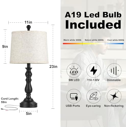 Black Table Lamps Set of 2, Black Lamps for Bedroom, USB C+A Ports