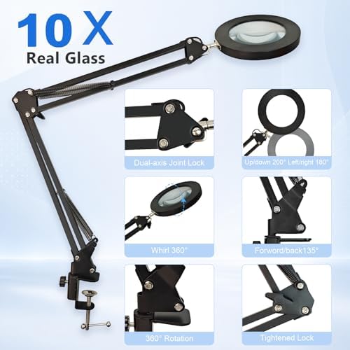 10X Magnifying Lamp with Light and Clamp, 6.3-Inch Real Glass Lens