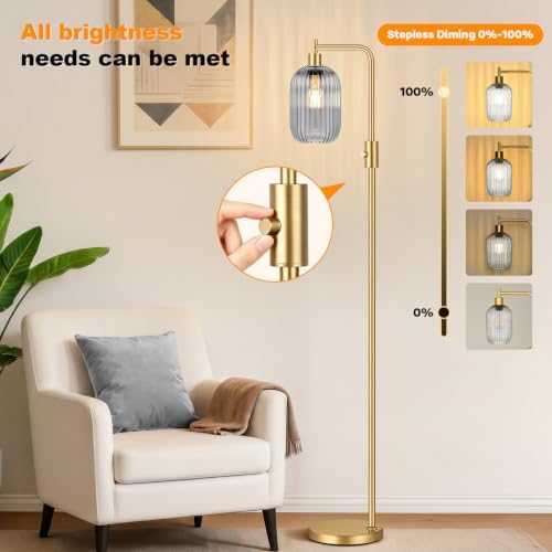 【Upgraded】 Dimmable Floor Lamp for Living Room with Gray Ribbed Glass Lampshade, Gold Modern Floor Lamp with 900LM LED Bulb Included, Arc Standing Tall Lamp for Bedroom, Office, Reading Room, Corner