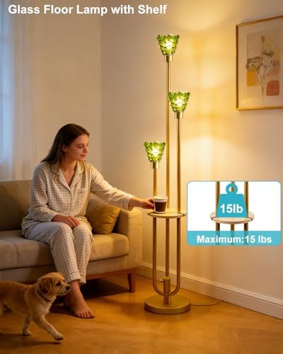 Lightdot Green Glass Floor Lamp with Shelf Mid Century Modern Floor Lamps